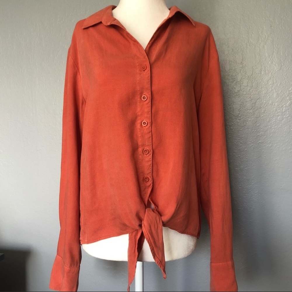 Cloth & Stone Burnt Orange Tie Front Button Down Tencel Top - Picture 1 of 7